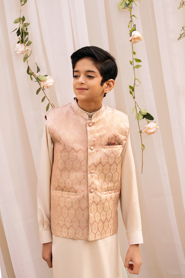 Rose Gold Jamawar Silk Waistcoat Hover Image