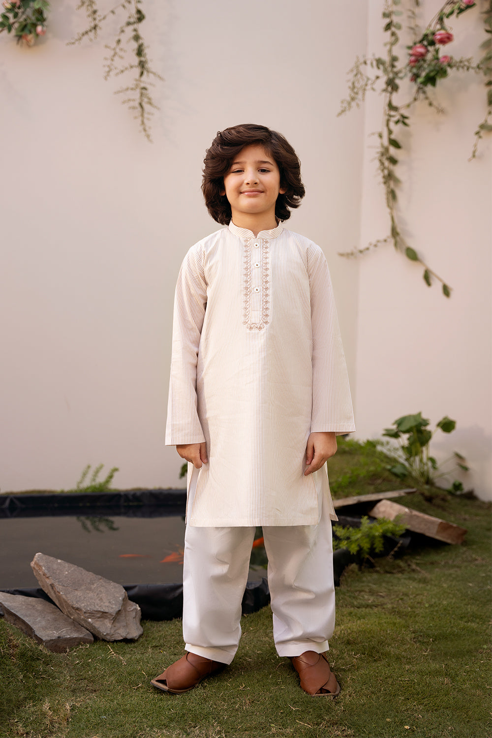 Beige & White Striped Embroidered Suit