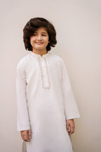 Beige & White Striped Embroidered Suit