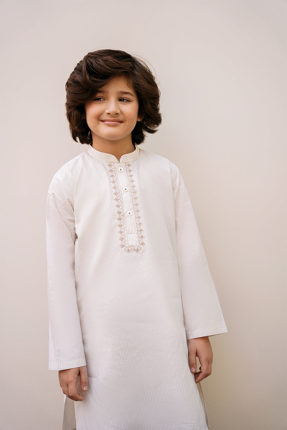 Beige & White Striped Embroidered Suit