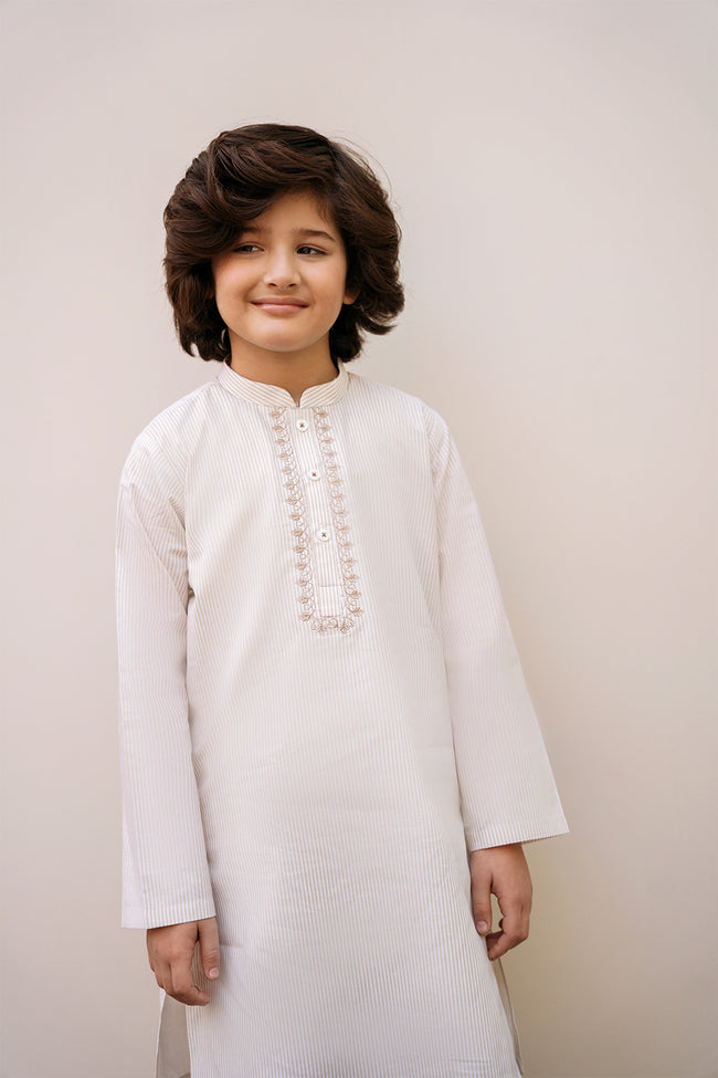 Beige & White Striped Embroidered Suit Main Image
