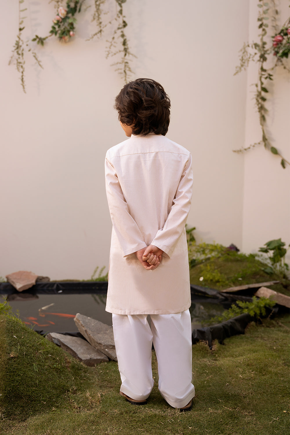 Beige & White Striped Embroidered Suit