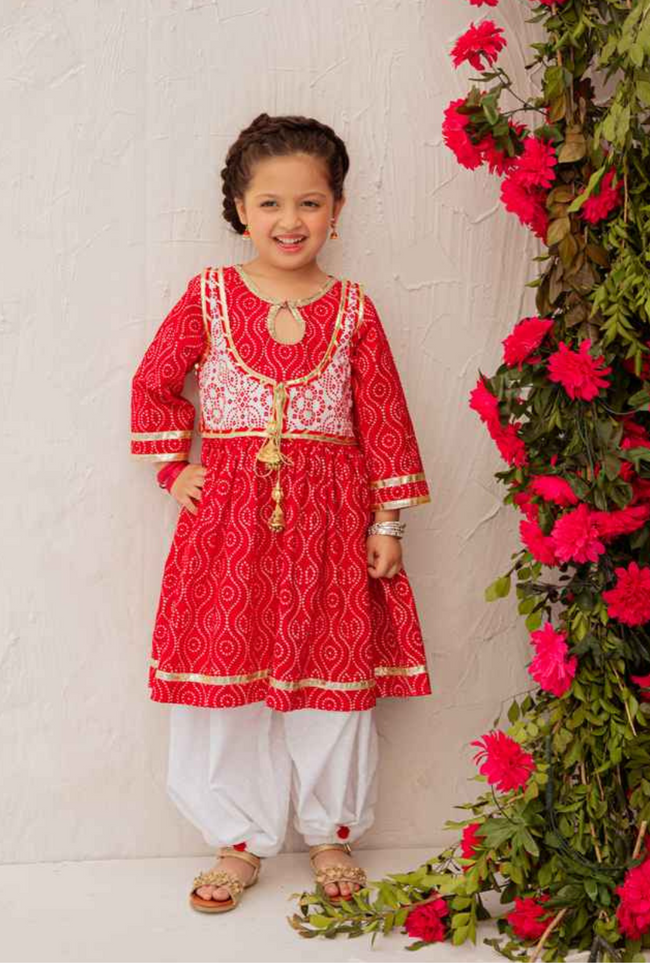 Red & White Chunri Rajastani Suit 3 Pcs Hover Image
