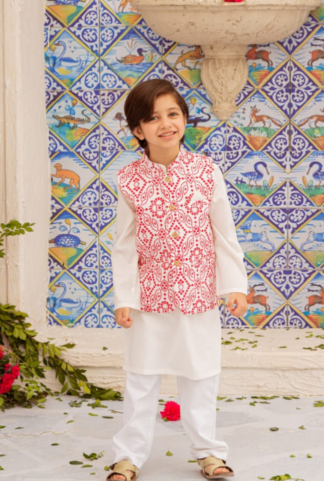 Red & White Chunri Waistcoat Main Image