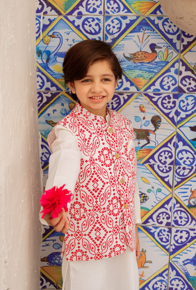 Red & White Chunri Waistcoat Hover Image