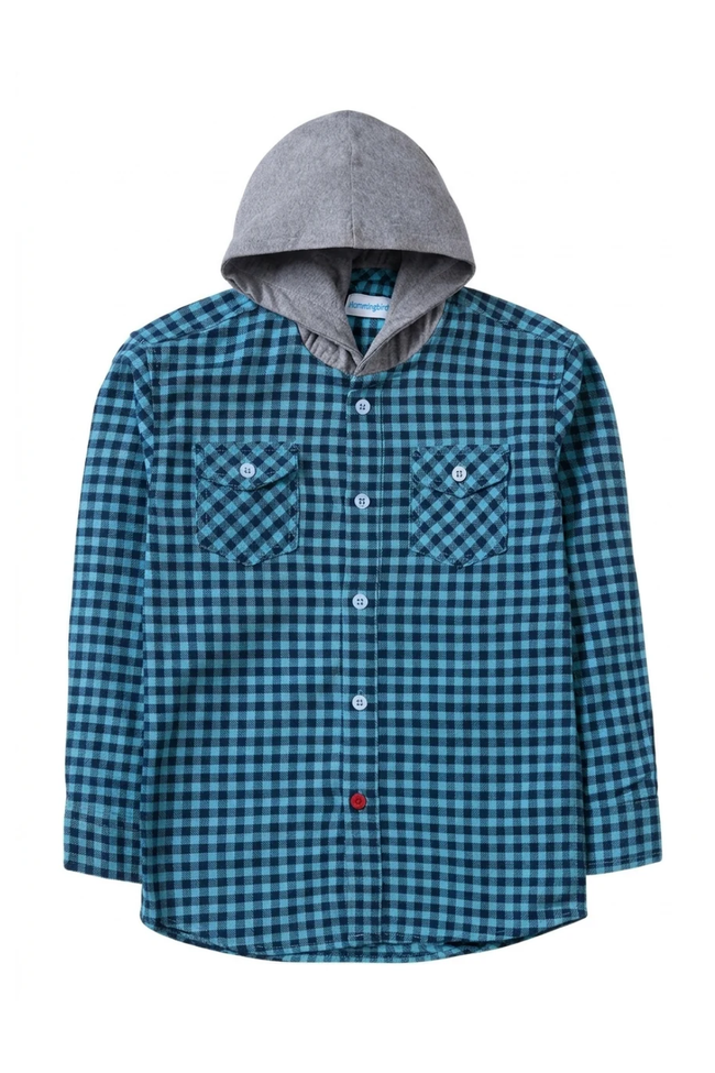 Blue Checkered Hoodie Flannel Shirt Hover Image