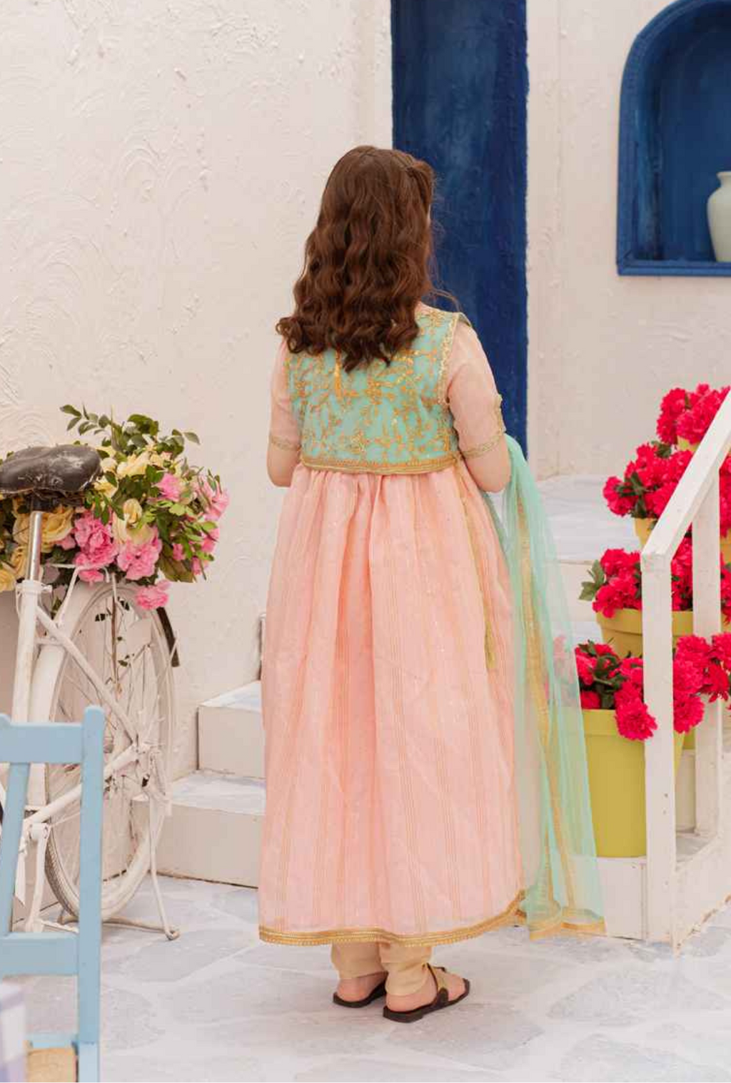 Rose Quartz & Mint Green Peshwaz 4 Pcs
