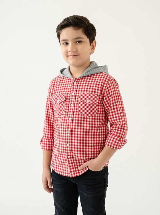 Red Checkered Hoodie Flannel Shirt Main Image