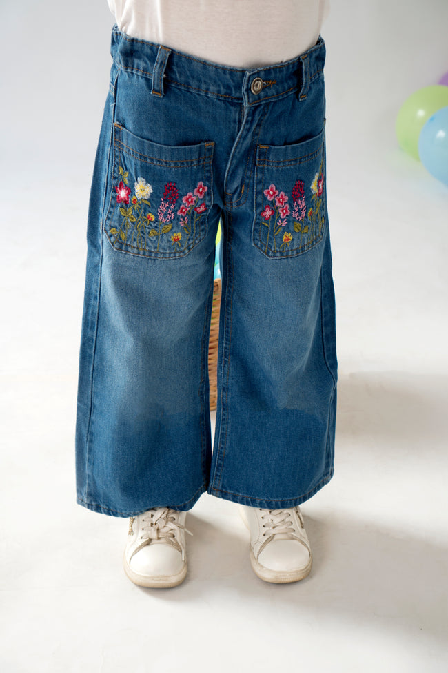 Embroidered Wide-Leg Denim Jeans Hover Image