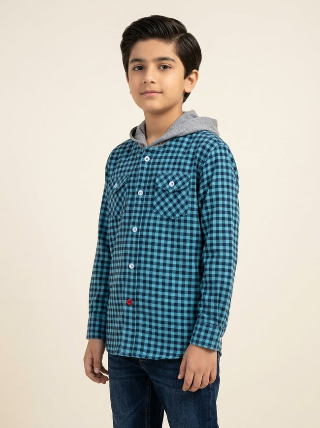 Blue Checkered Hoodie Flannel Shirt Main Image