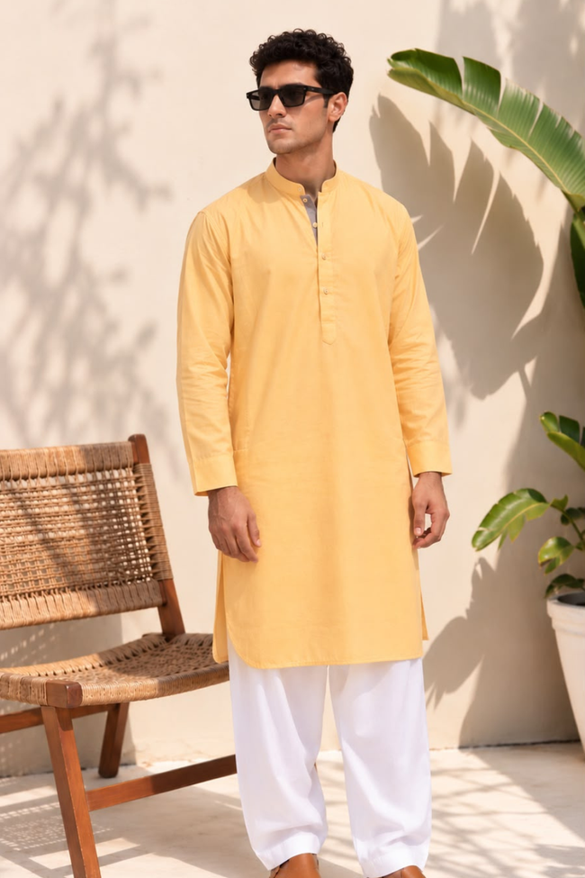 Saffron Cotton Chambray Kurta Hover Image