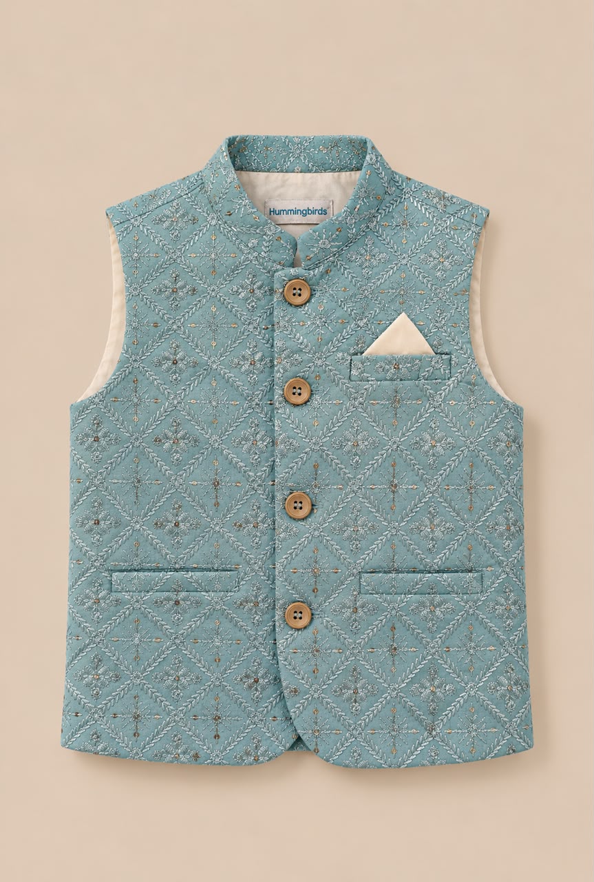 Sky Blue Embroidered Waistcoat