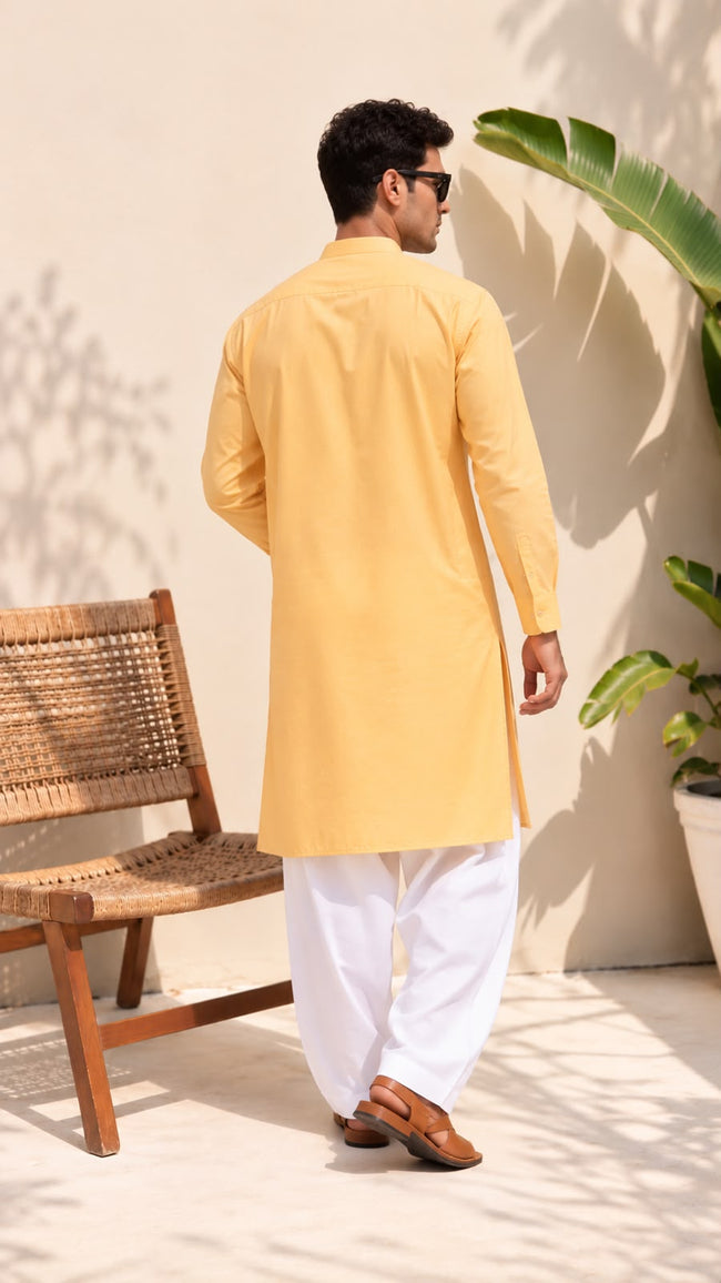 Saffron Cotton Chambray Kurta Main Image