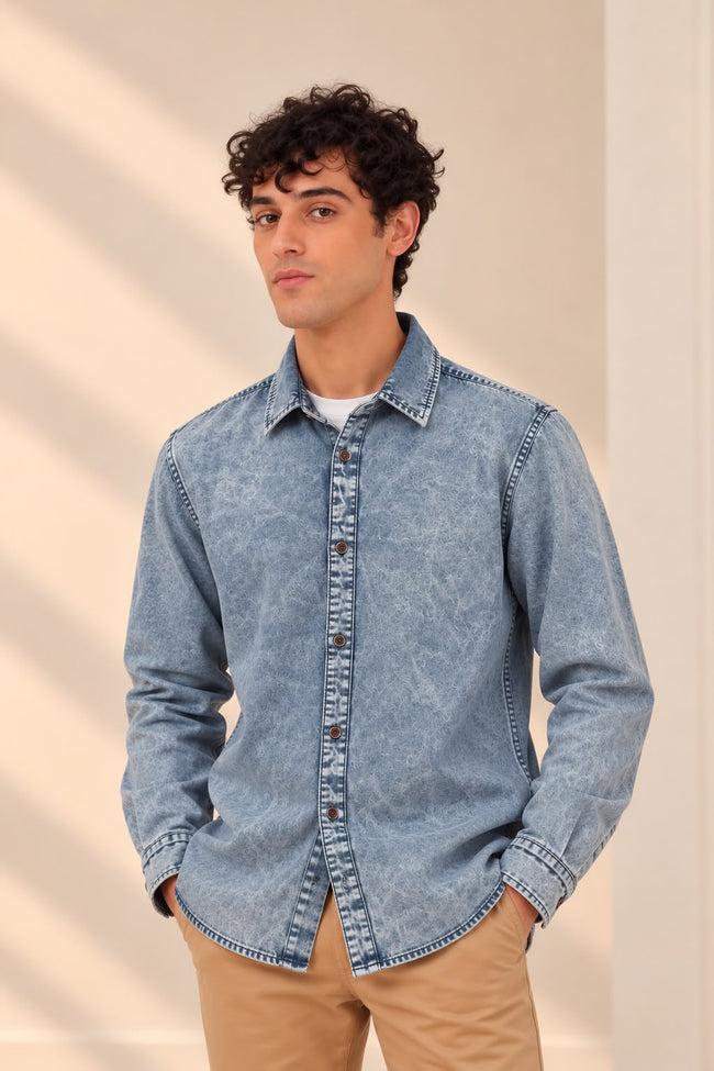 Medium-Wash Denim Shirt Hover Image