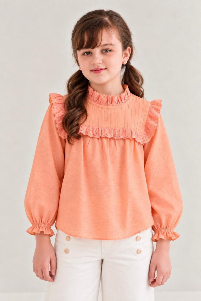 Soft Peach Lace Ruffled Collar Blouse Main Image