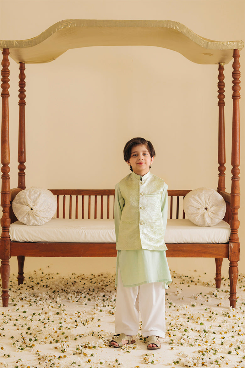Mint Silk Jamawar Waistcoat