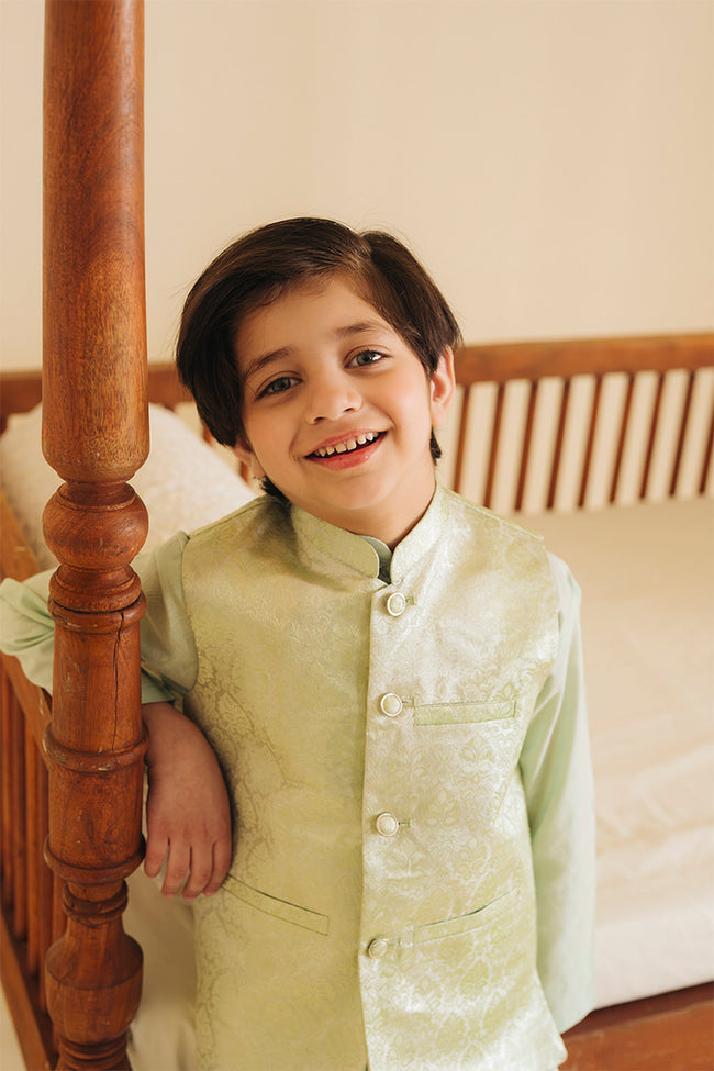 Mint Silk Jamawar Waistcoat Hover Image