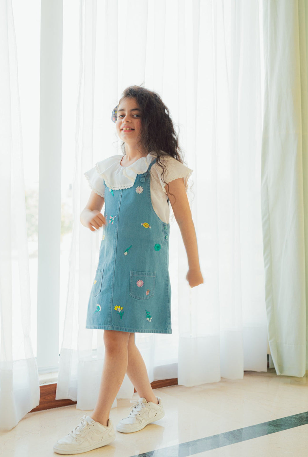 Embroidered Denim Pinafore Tunic - 1 Pc