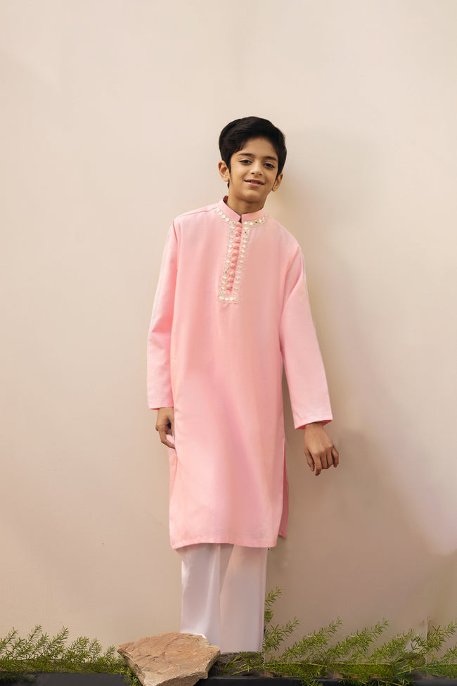 Candy Pink Mirror Embroidery Kurta ~ Cotton Chambray Hover Image