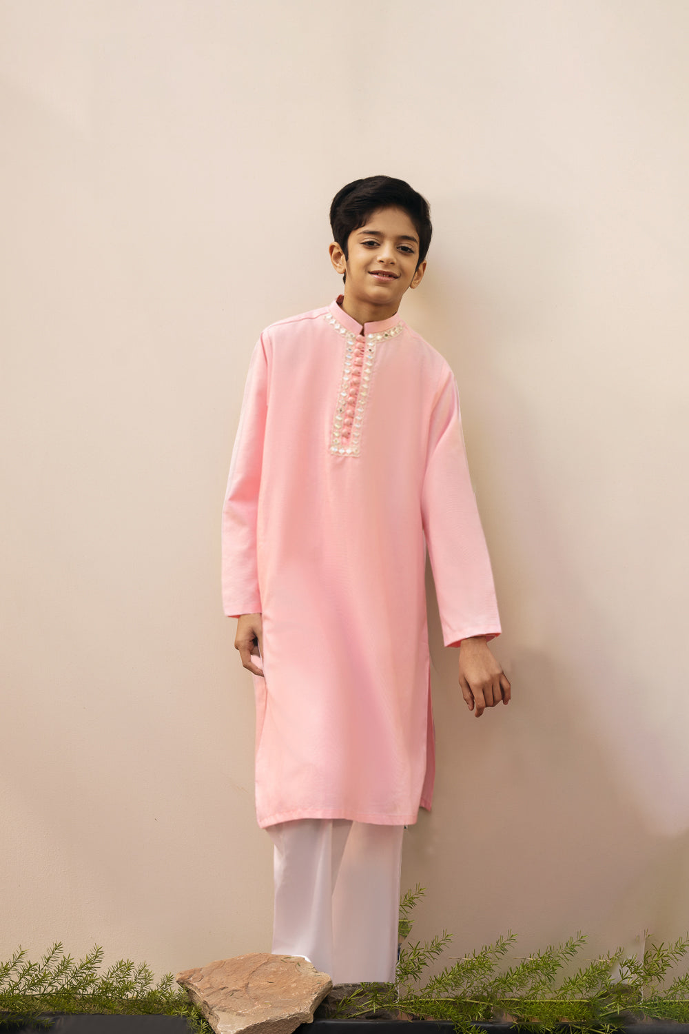 Candy Pink Mirror Embroidery Kurta ~ Cotton Chambray