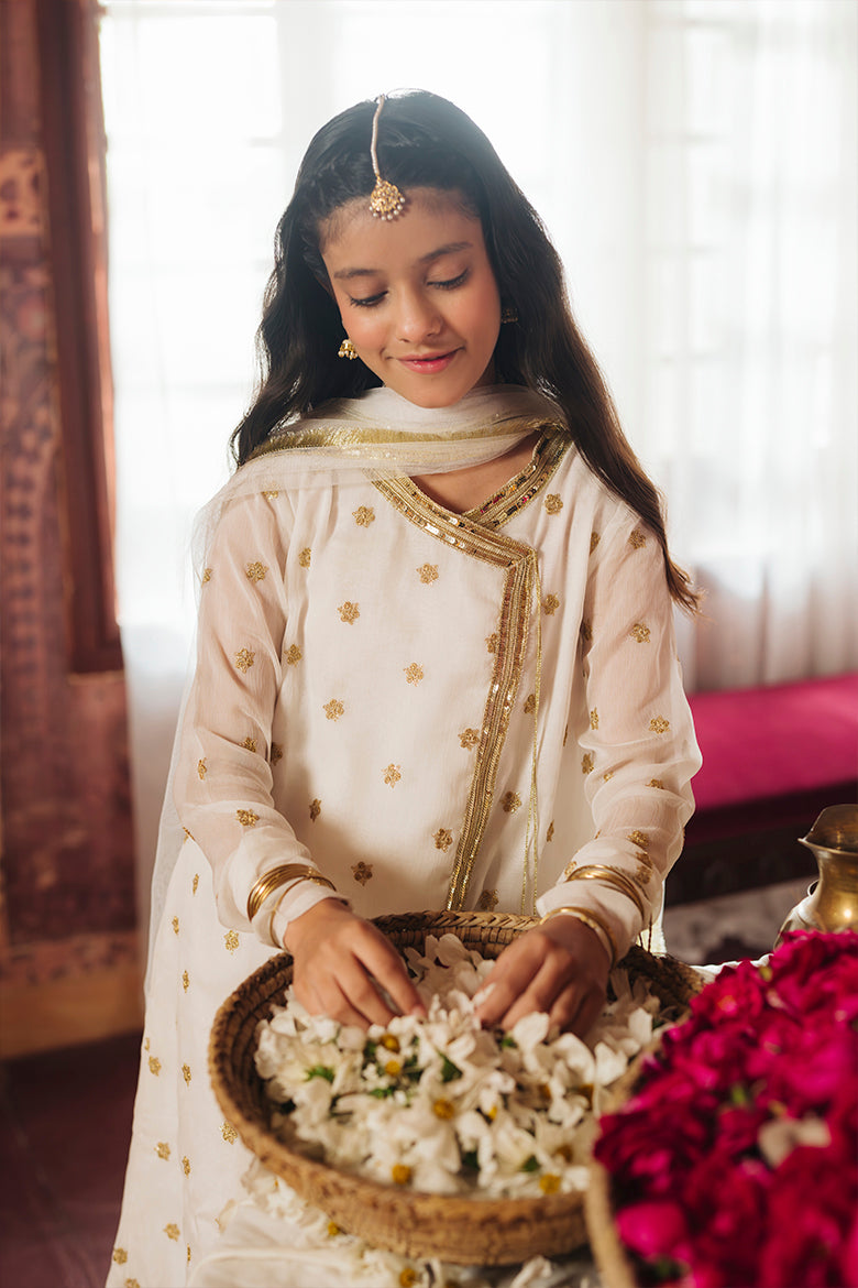 Nargis - White & Gold embroidered Angrakha Suit (4-Pcs)