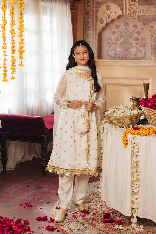Nargis - White & Gold embroidered Angrakha Suit (4-Pcs) Hover Image